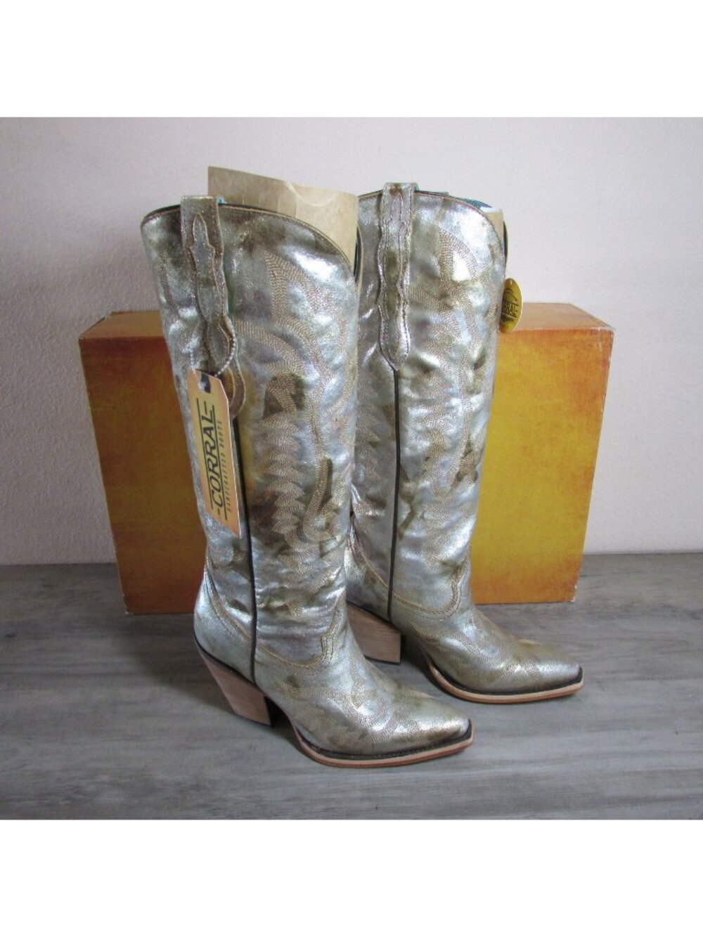 Corral Metallized Leather & Embroidery Tall Top Pointed Toe Boots Gold Z5223